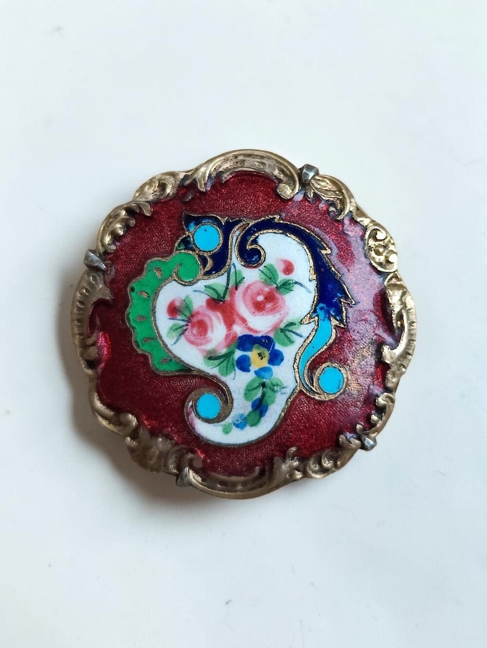 Antique Enameled French Button Pendant Or Brooch